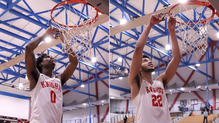 KJay Bradley (left) and Alex Crawford (right) cutting down nets after winning the PCAC championship on March 9, 2024.