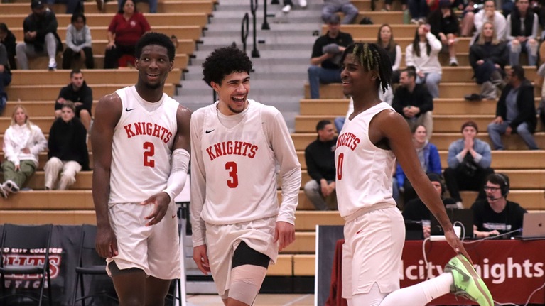 Kevin Moore (left), Al Green (middle), and KJay Bradley (right) in the closing minutes of the second round win over Pasadena City on March 2, 2024.
